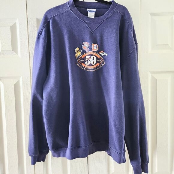 Reebok Denver Broncos 50 Years Crewneck Pullover Sweatshirt Navy Blue Size XXL - Picture 1 of 4